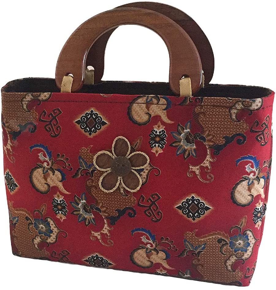 OMA Women's Vintage Multi Color Top Handle Hand Bag Hand Crafted Tote With Batik Fabric & Wood Handle (Red)