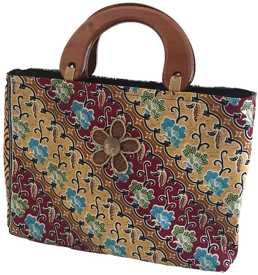 OMA Women's Vintage Multi Color Top Handle Hand Bag Hand Crafted Tote With Batik Fabric & Wood Handle (Multi)