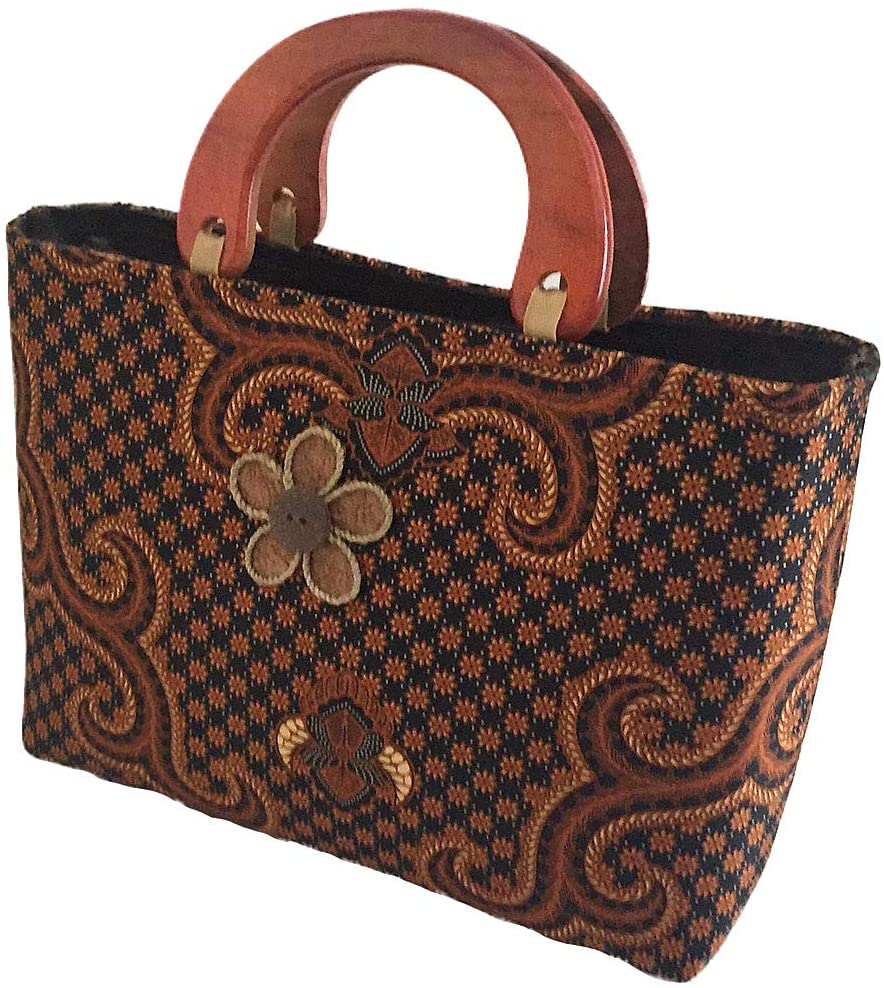 OMA Women's Vintage Multi Color Top Handle Hand Bag Hand Crafted Tote With Batik Fabric & Wood Handle (Brown)