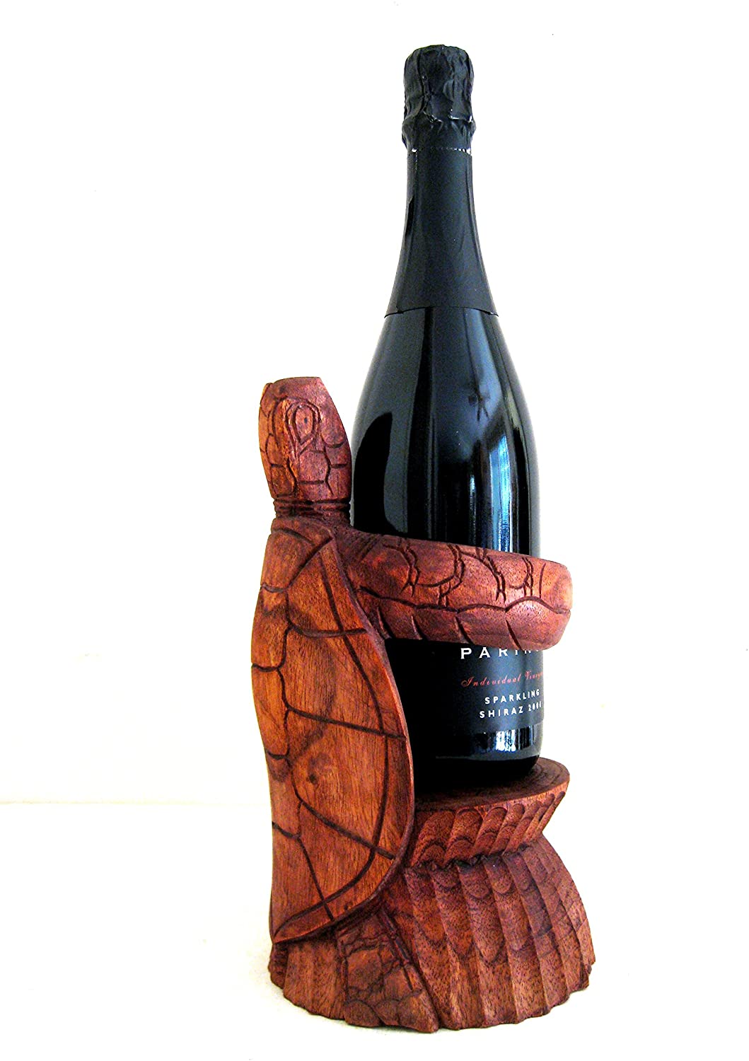 OMA Solid Wood Carved Turtle Wine Bottle Holder Stand Sea Turtle Decor