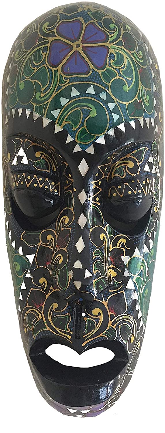 OMA African Mask Wall Hanging Decor Love & Fortune Wood Carved Tiki Mask with Mother of Pearl
