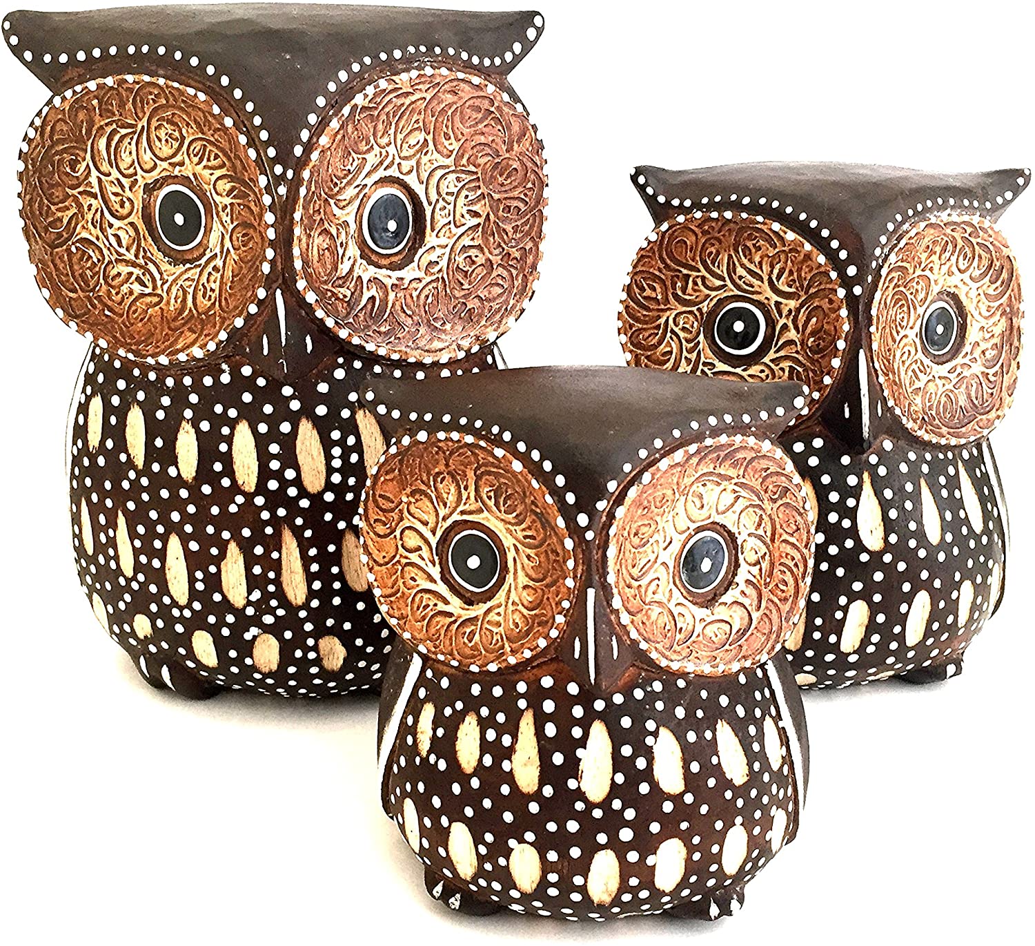 OMA Owl Statue Wood Carved Figurine Good Luck Owl Family Home Decor - Premium Quality Brand (Large)