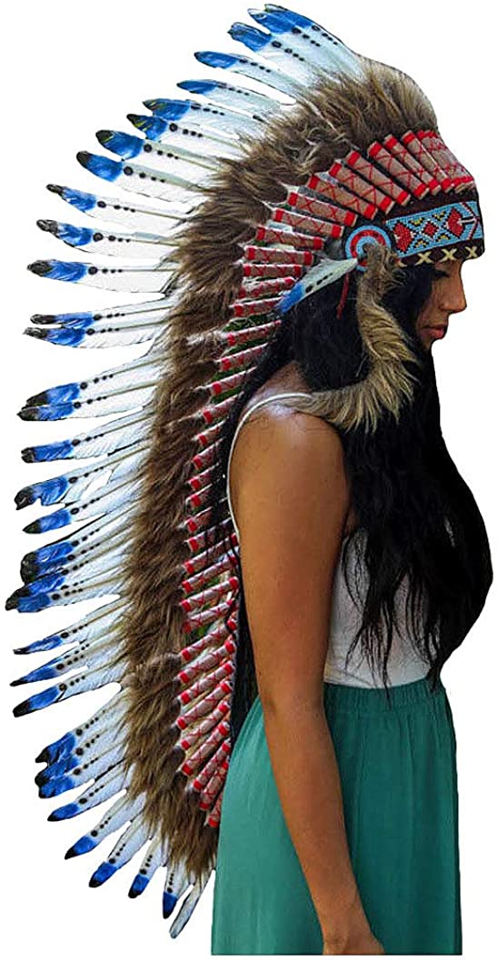 OMA Indian Inspired Headdress Native American Style Feather Headdress - XL SIZE-36 L - Real Feathers Brand (Blue)