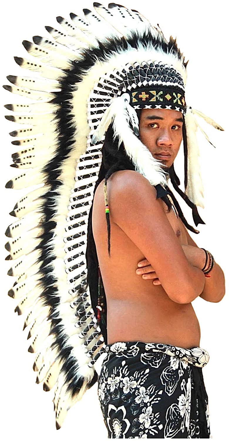 OMA Indian Inspired Headdress Native American Style Feather Headdress - XL SIZE-36 L - Real Feathers Brand (Black)
