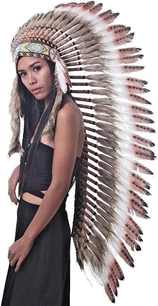 Indian Inspired Headdress Native American Style Feather Headdress - XL SIZE-36 L (Brown)