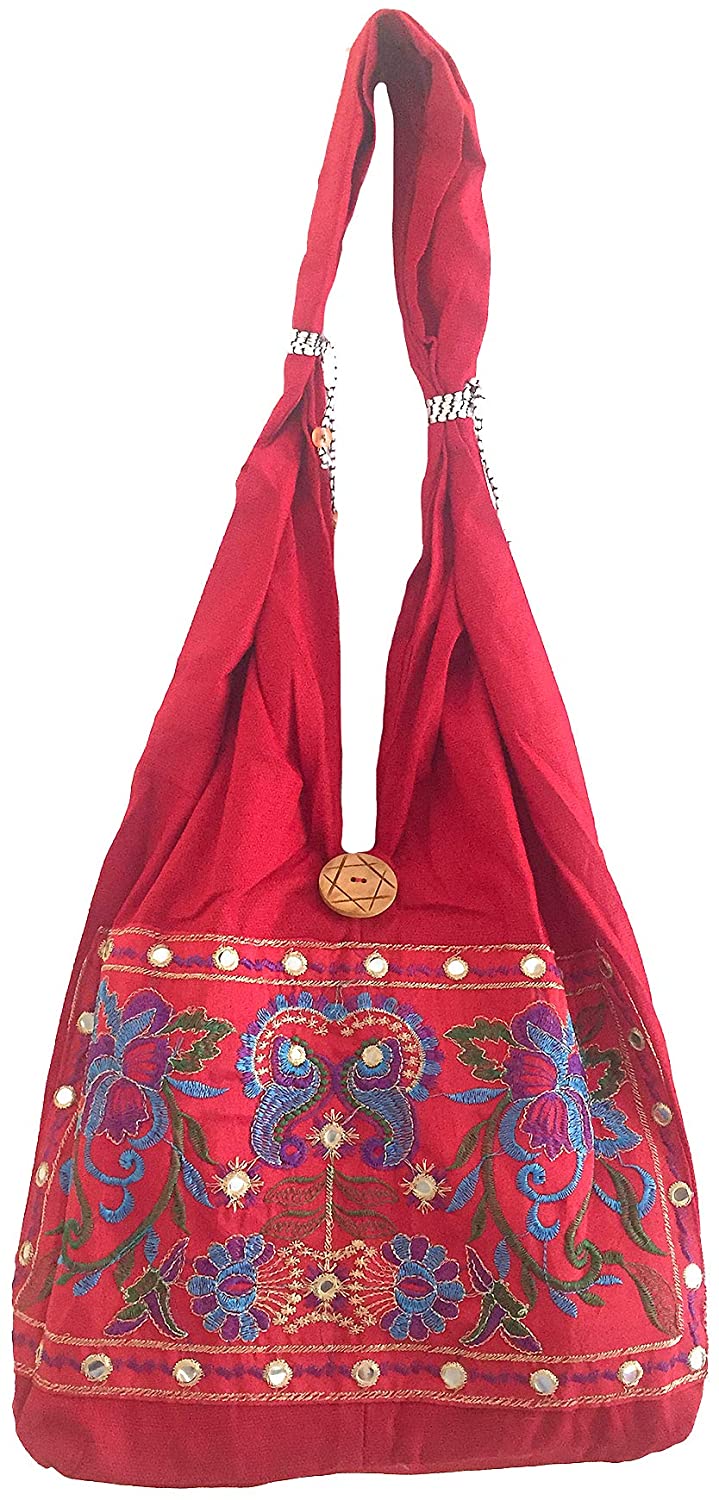 OMA Indian Boho Shoulder Sling Bag Red Mirror Tote Cotton Handbag, Indian Shoulder Bag Brand