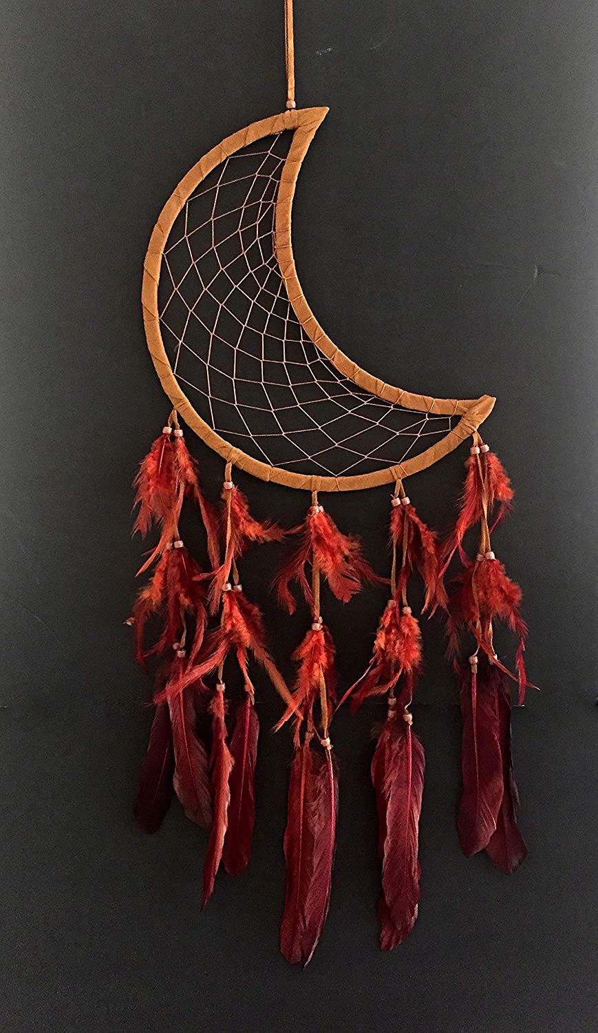 OMA Dream Catcher - Brown Suede and Feather Moon Shaped Traditional Dream Catcher - Large SZ. - 33 Long x 11" Wide (Natural Brown)"