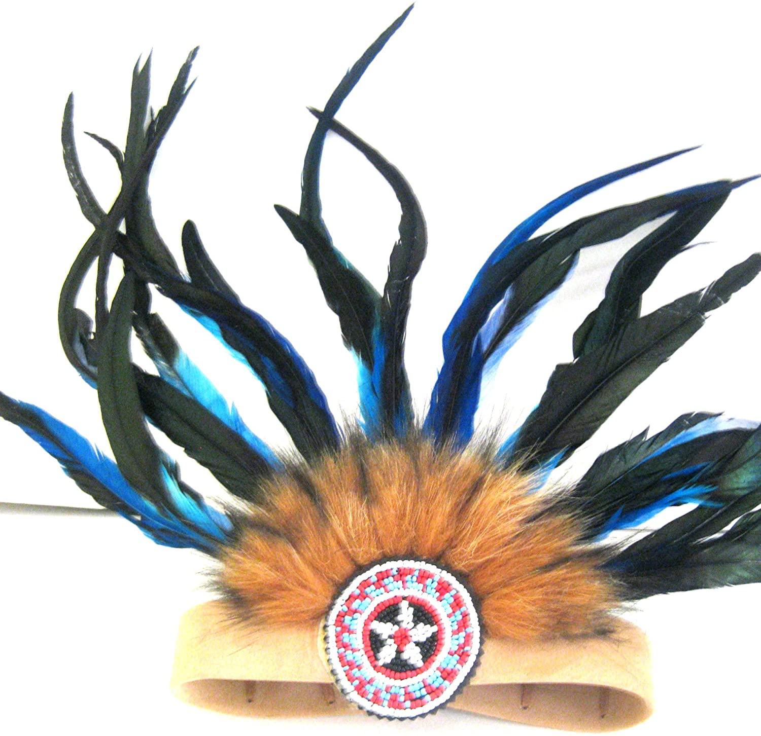 OMA Native American Style Headdress Band Chief Feather War Bonnet - 25 H x 13" W -Suede