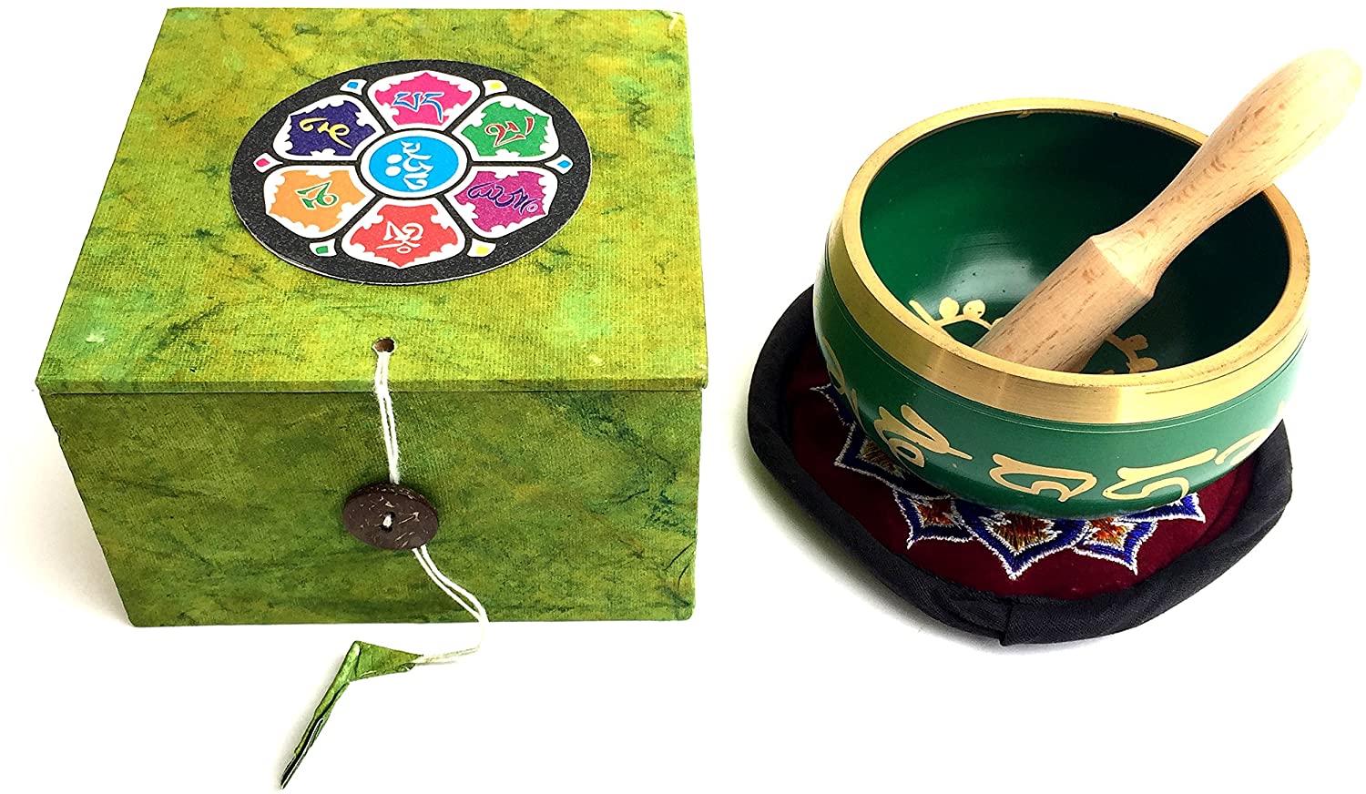 Chakra Singing Bowl Tibetan Zen Buddhist Singing Bowl Gift Set - Holy Mantra Design - Includes Velvet Cushion & Mallet - PREMIUM QUALITY - JIVE BRAND (Green)