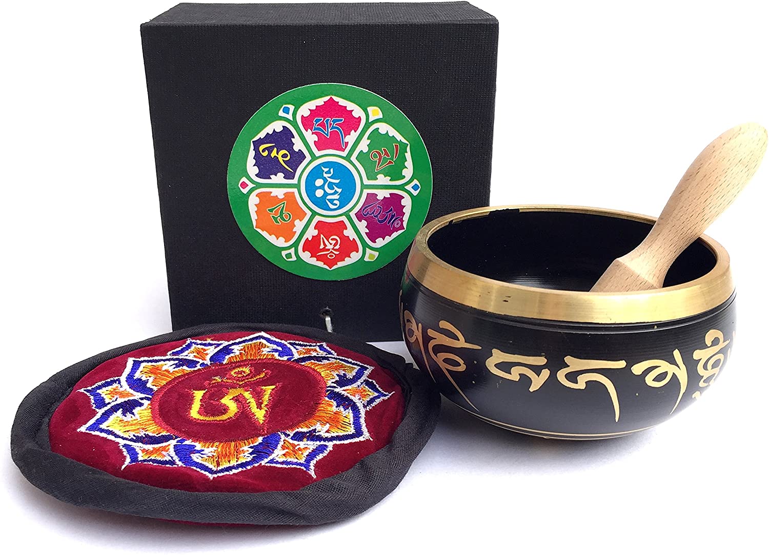 Tibetan Zen Buddhist Singing Bowl Gift Set - Holy Mantra Design - Includes Velvet Cushion & Mallet - PREMIUM QUALITY - JIVE BRAND (Black)