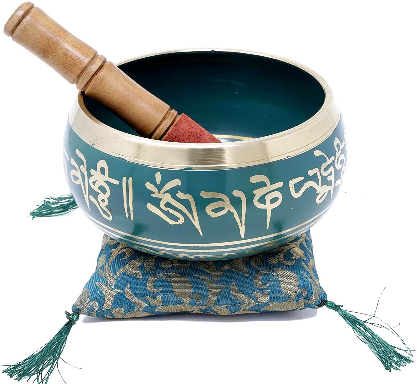 Tibetan LARGE HEAVY Singing Bowl Set Om Mani Padme Hum Design With Cushion & Mallet - Premium Quality - JIVE BRAND (Large, Green)