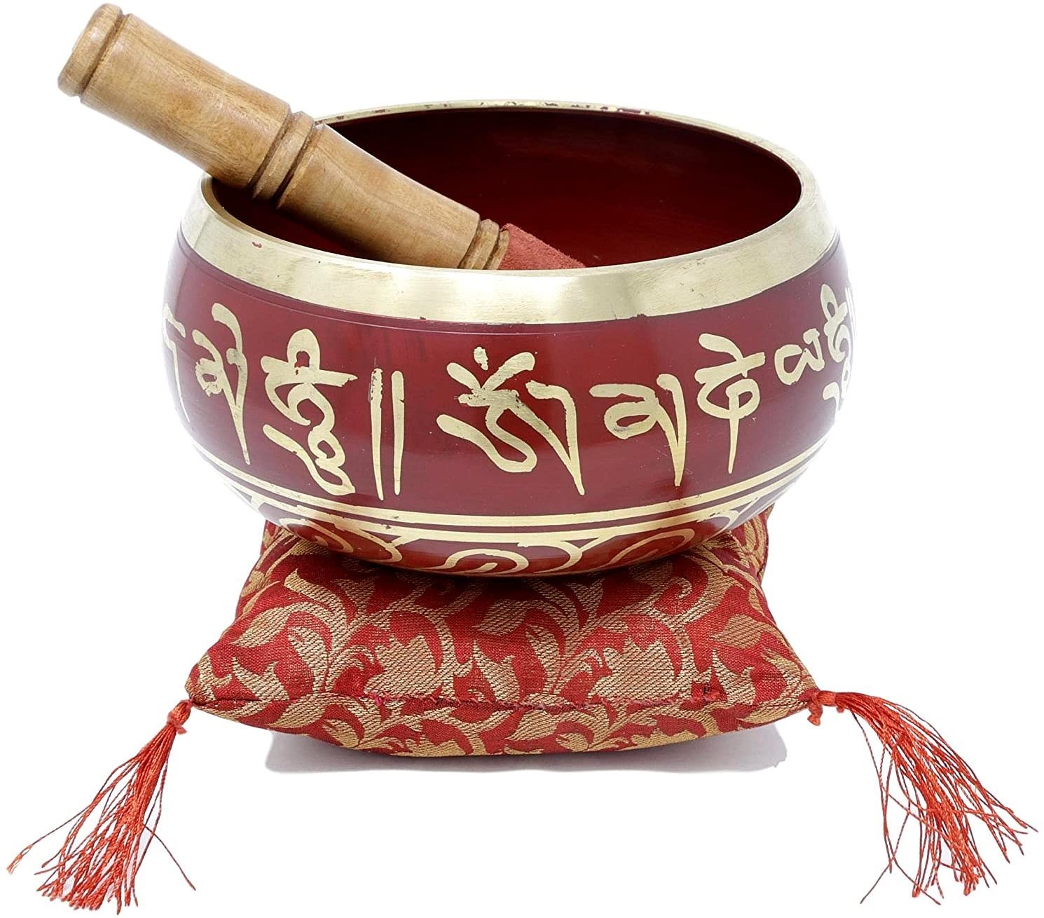 Tibetan LARGE HEAVY Singing Bowl Set Om Mani Padme Hum Design With Cushion & Mallet - Premium Quality - JIVE BRAND (Large, Red)
