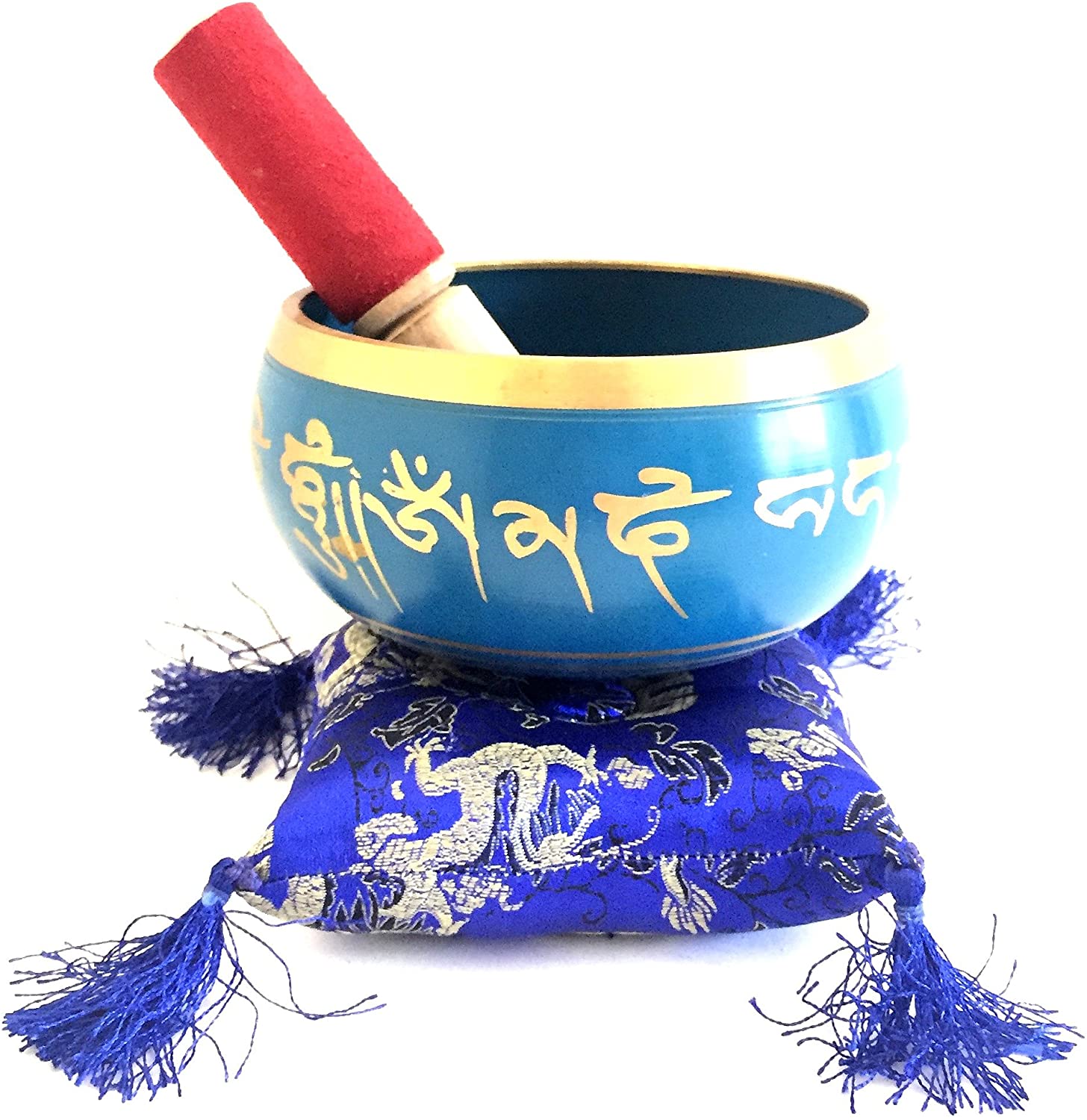 Tibetan LARGE HEAVY Singing Bowl Set Om Mani Padme Hum Design With Cushion & Mallet - Premium Quality - JIVE BRAND (Large, Blue)