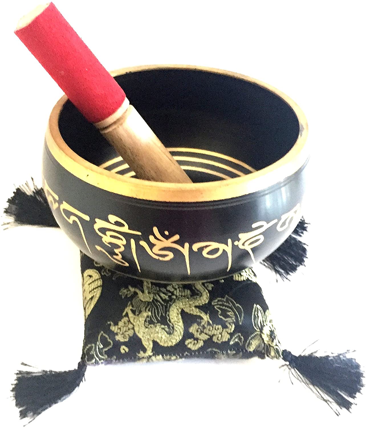 Tibetan LARGE HEAVY Singing Bowl Set Om Mani Padme Hum Design With Cushion & Mallet - Premium Quality - JIVE BRAND (Large, Black)