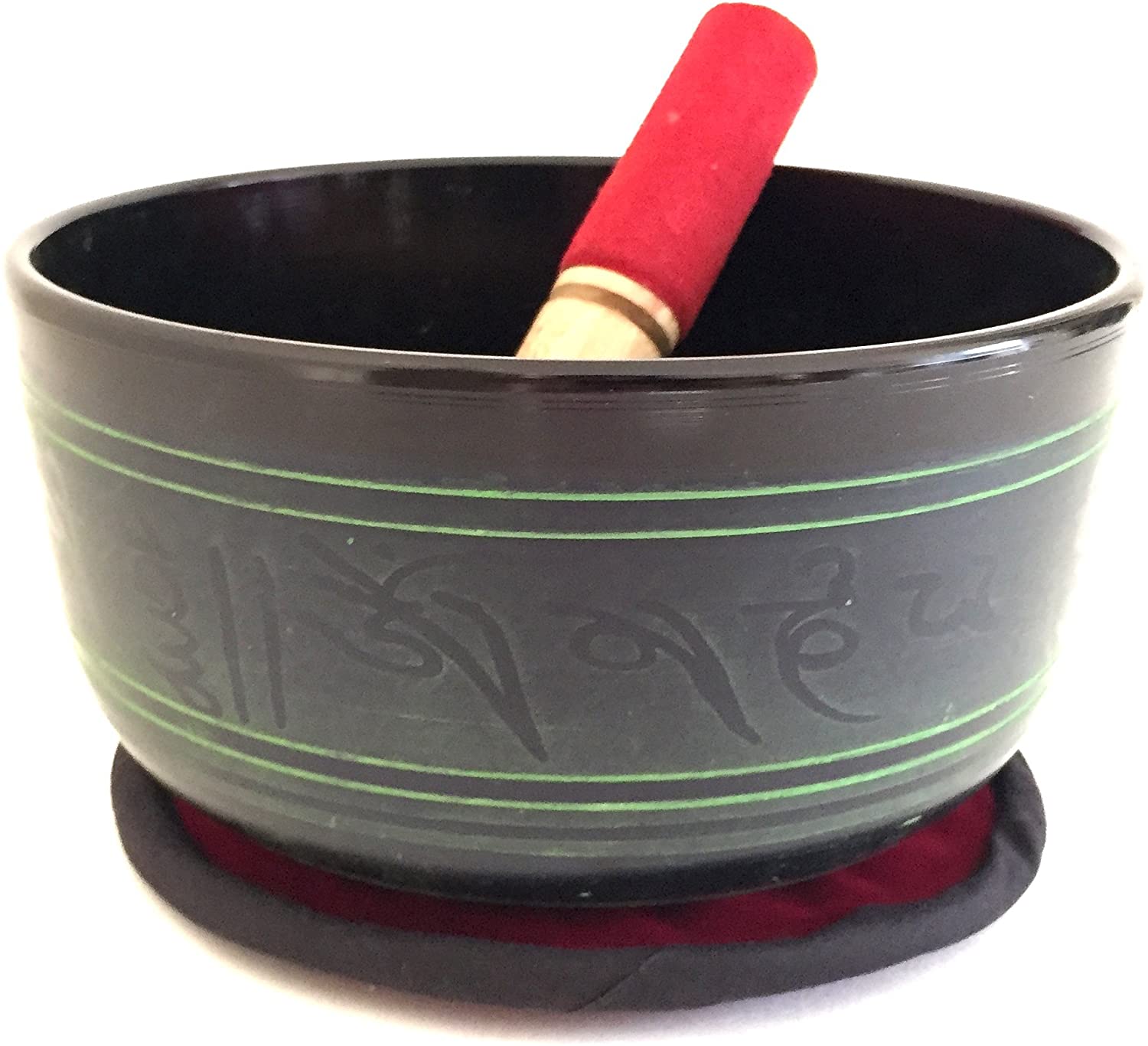 X Large Tibetan Singing Bowl Set Buddha OM Mani Style With Cushion & Mallet For Meditation & Yoga - PREMIUM QUALITY - JIVE BRAND (XLarge - 8 Inches, Green)
