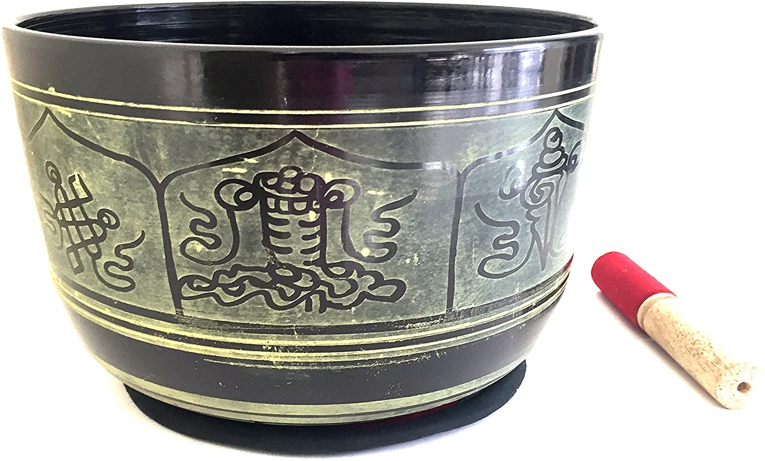 XX Large HEAVY Tibetan Meditation 8 Lucky Symbols Singing Bowl Mallet Cushion Set For Meditation & Healing - PREMIUM QUALITY - JIVE BRAND (XX Large - 10.5 Inches)
