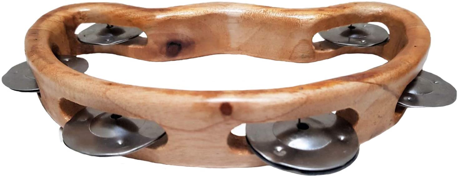 JIVE Tambourine Instrument For Kids Adults Handheld Wooden Half Moon Tambourine Metal Jingles Hand Crafted (Large)