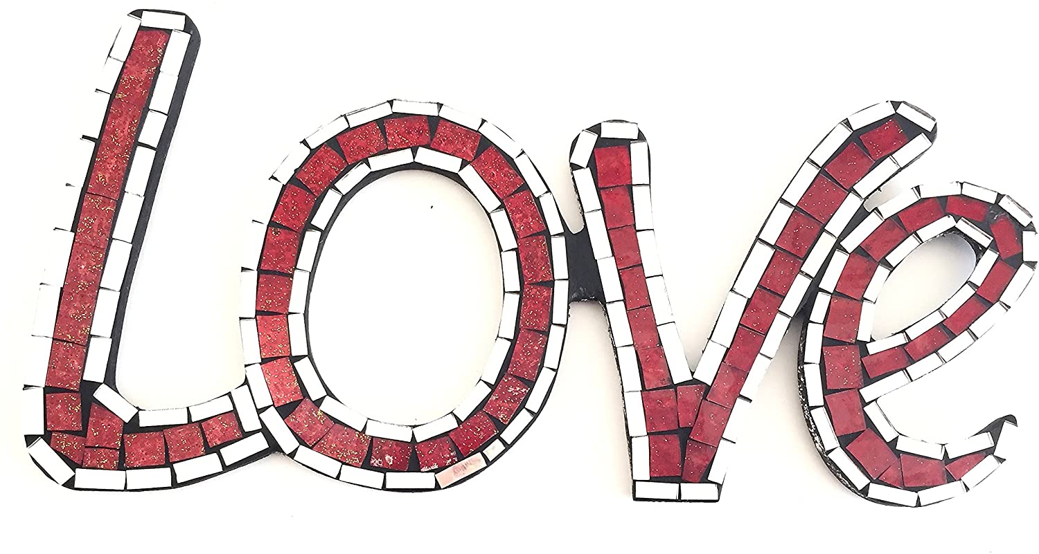 OMA Mosaic Glass Love Sign Home Decor Love Wall Hanging Art - Hand Crafted Brand (Red II)