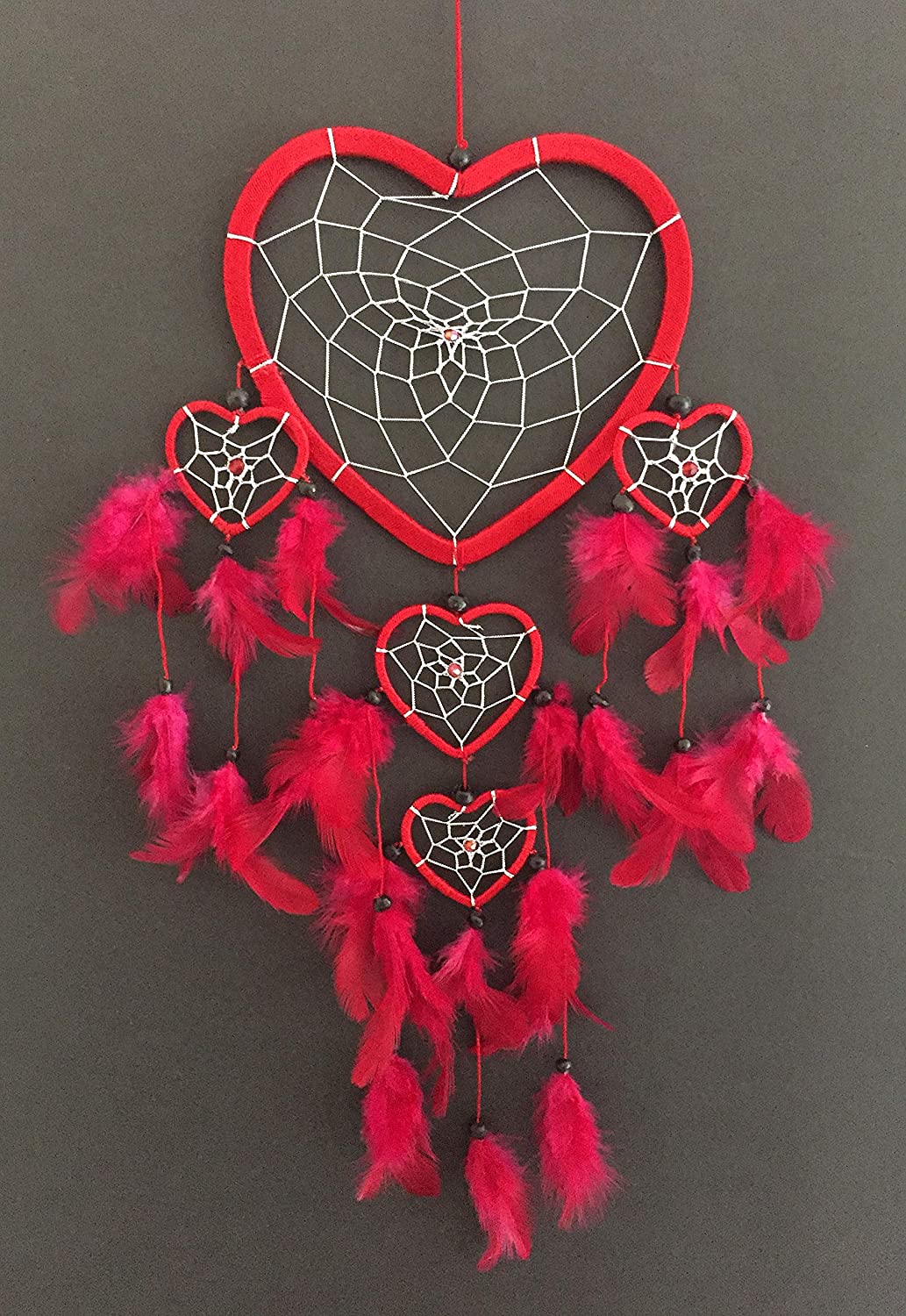 OMA Dream Catcher - Hand Made Feather Dream Catcher Heart Shaped with Crystal Beads - 7 Diameter & 24" Long - Valentine's Day (Red)"