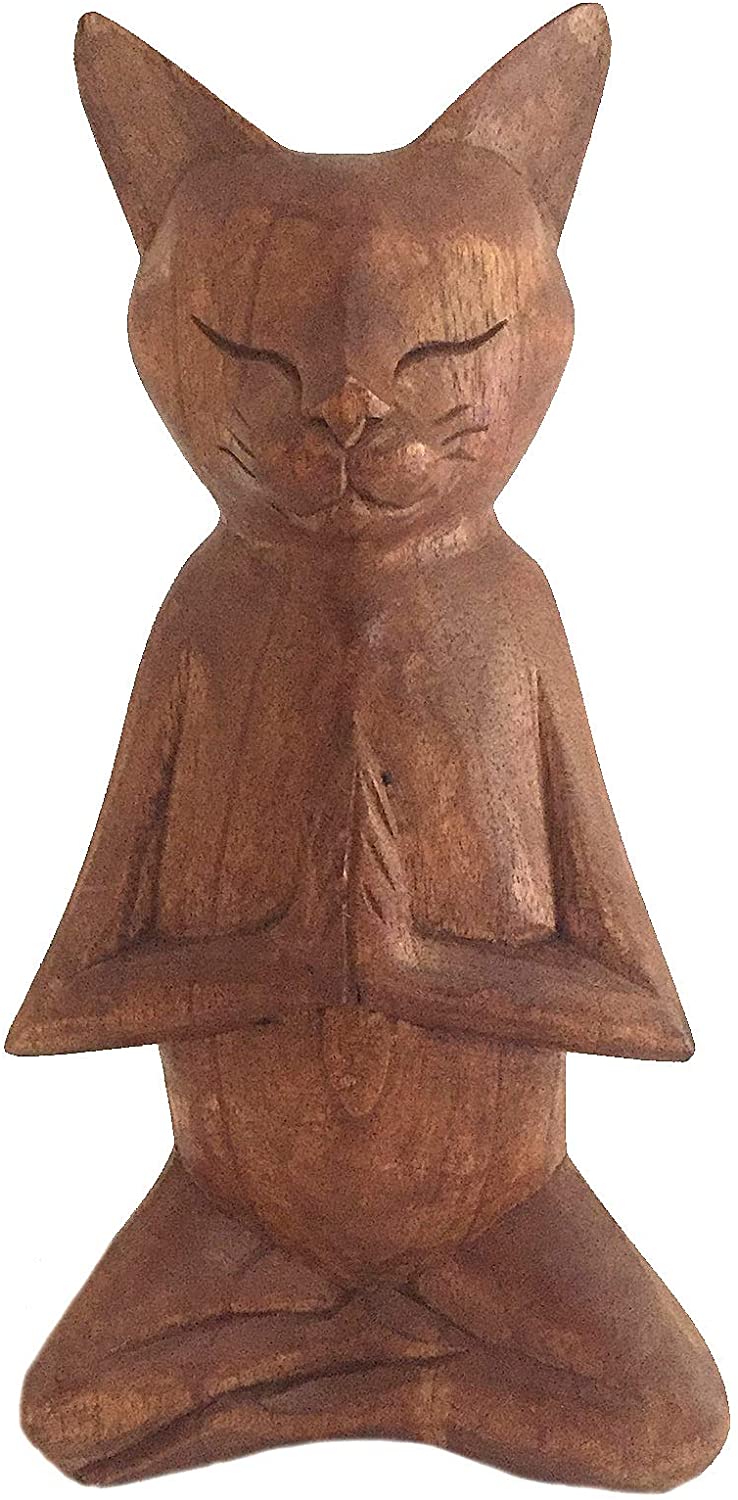 OMA Meditation Cat Statue Wood Carved Yoga Kitty Kitten Cat Praying Statue - Large Size (Large - 10)"