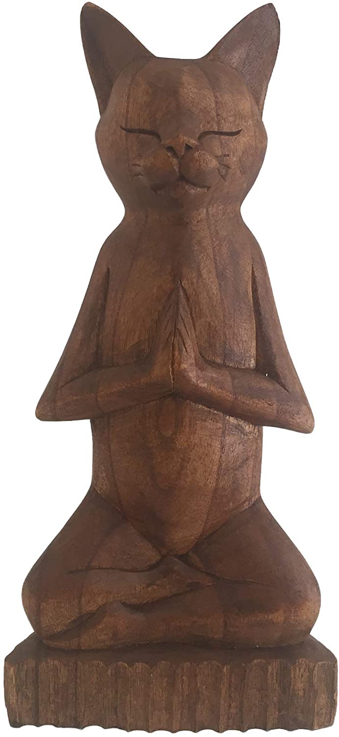 OMA Meditation Cat Statue Wood Carved Yoga Kitty Kitten Cat Praying Statue - Large Size (Large - 12)"