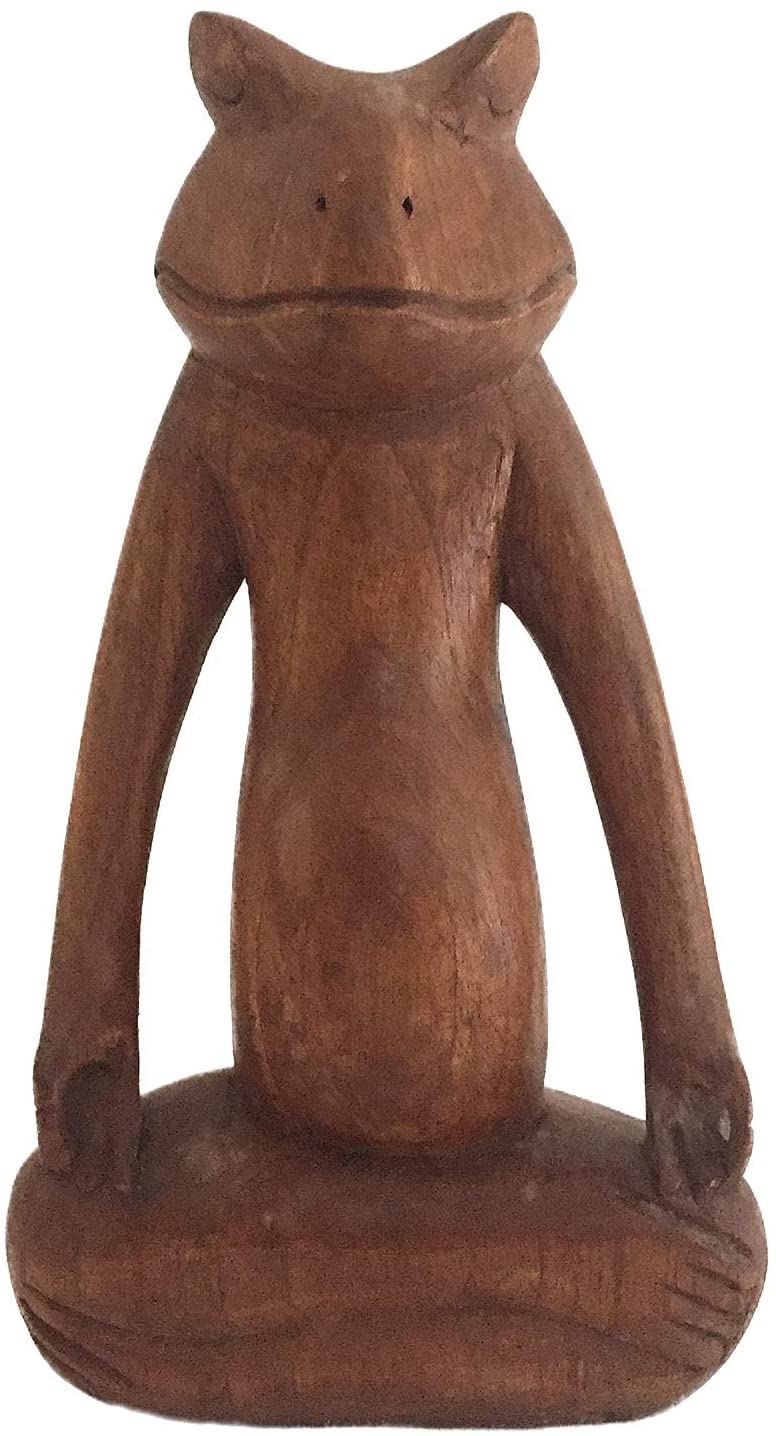 OMA Meditating Frog Statue Solid Wood Carved Praying Yoga Frog Figurine - LG. Size - Premium Quality