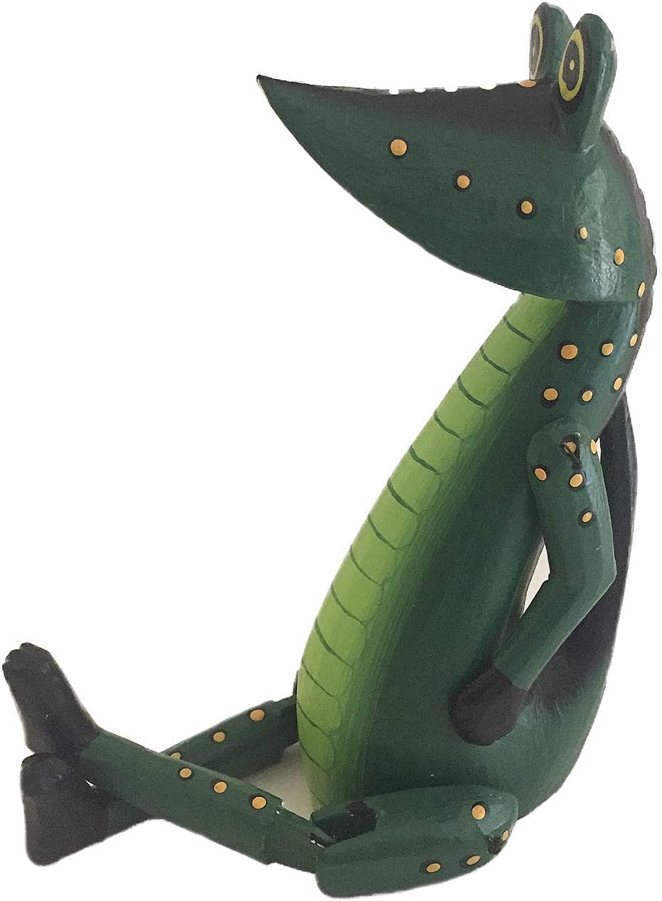 OMA Wood Carved Crocodile Statue Shelf Sitter Figurine with Dangle Arms & Legs - Hand Painted - Large Size