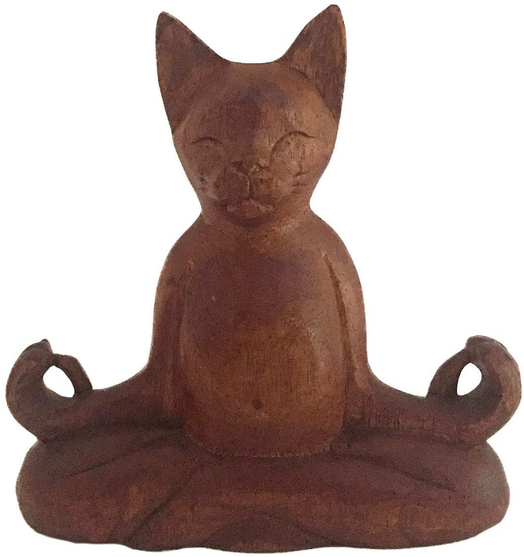 OMA Meditation Cat Statue Wood Carved Praying Yoga Cat Kitty Figurine Cat Decor - Premium Quality