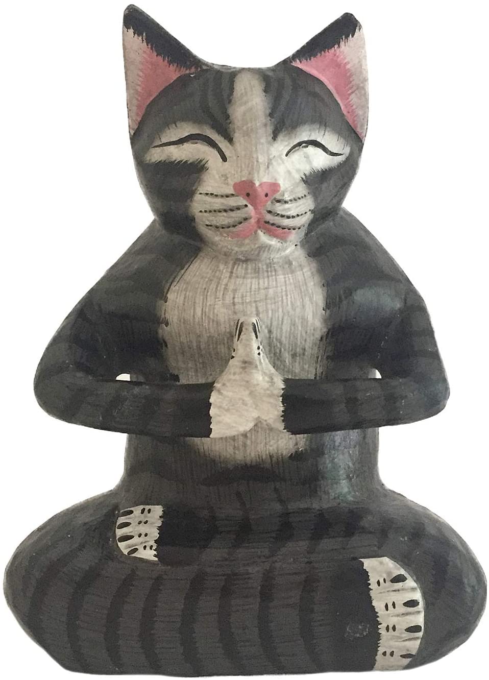 OMA Meditation Cat Statue Wood Carved Hand Painted Black Praying Yoga Kitty Kitten - Large Size