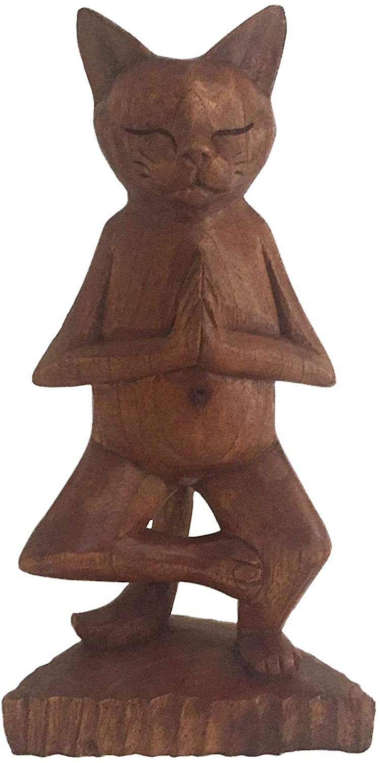 OMA Meditation Cat Statue Wood Carved Yoga Kitty Kitten Cat Praying Statue Tree Pose - Large Size