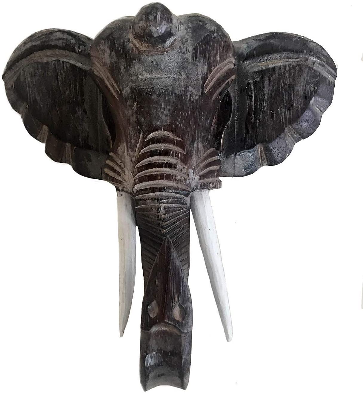 OMA Elephant Head Wall Mount Bust Solid Wood Carved Vintage Finish Lucky Elephant Statue (Brown)