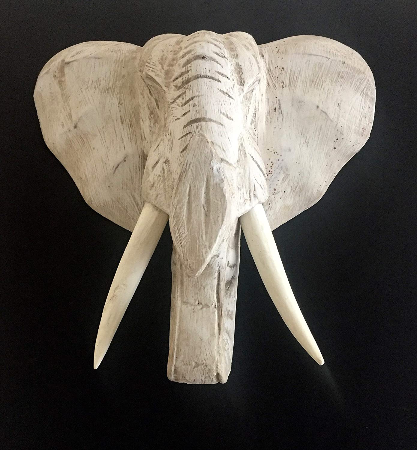 OMA Elephant Head Wall Mount Bust Solid Wood Carved Vintage Finish Lucky Elephant Statue (White)