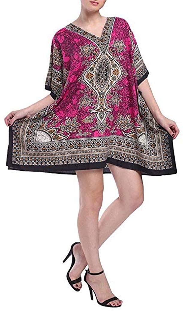 Women's Printed Kaftan Dress Tunic Swimsuit Cover Up Beach Wear Lounge Clothing - Premium Quality (Pink)