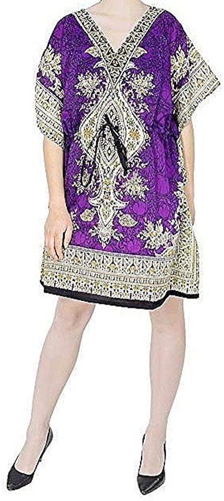 Women's Printed Kaftan Dress Tunic Swimsuit Cover Up Beach Wear Lounge Clothing - Premium Quality (Purple)