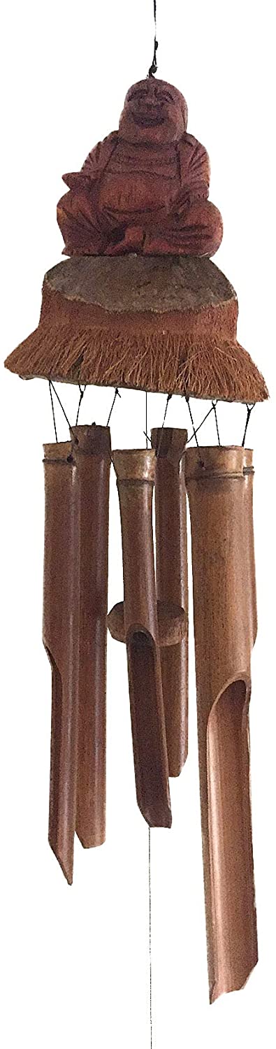 OMA Hand Crafted Bamboo Wood Wind Chime Happy Buddha Wind Chime Tropical Decor - Large Size - Nice Sound - (Buddha)