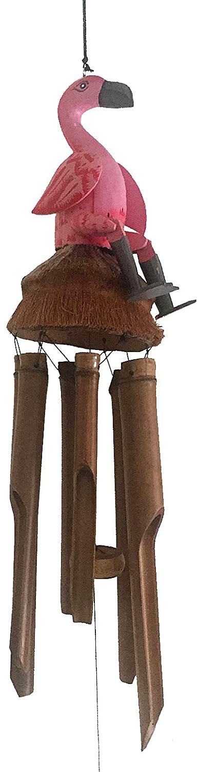OMA Hand Crafted Bamboo Wood Pink Flamingo Wind Chime Tropical Decor - Large Size - Nice Sound - (Pink Flamingo)