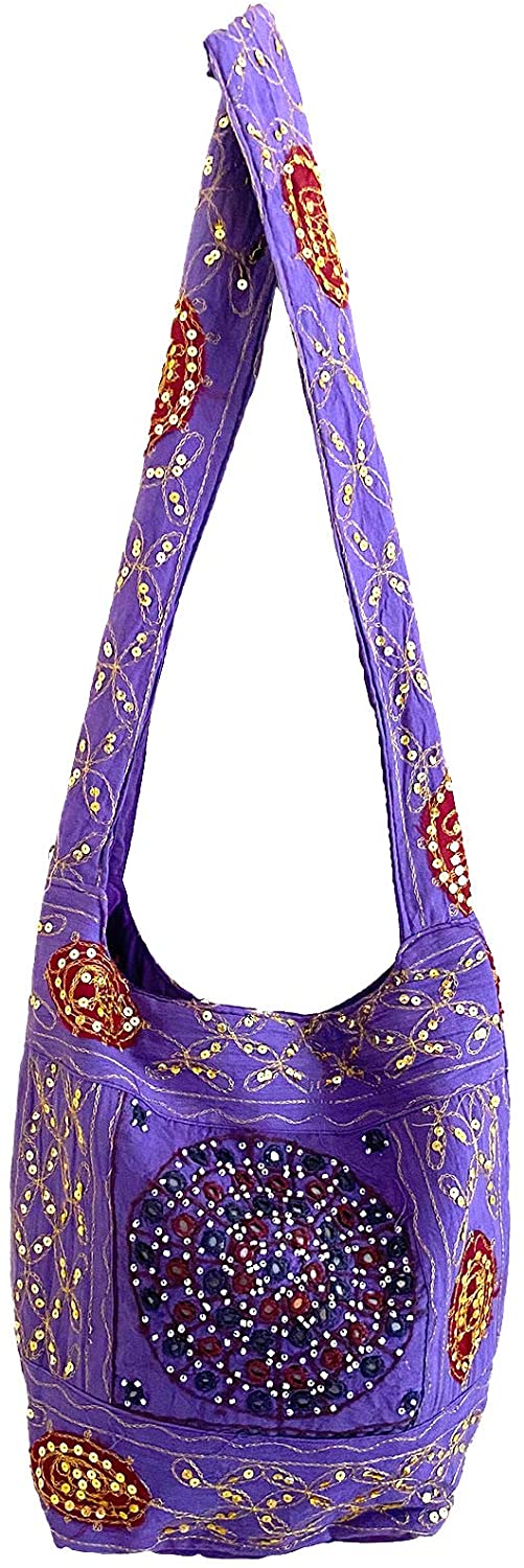 OMA Women's Hippie Boho Cotton Cross Body Sling Shoulder Bag Casual Tote Sequin Multi Color