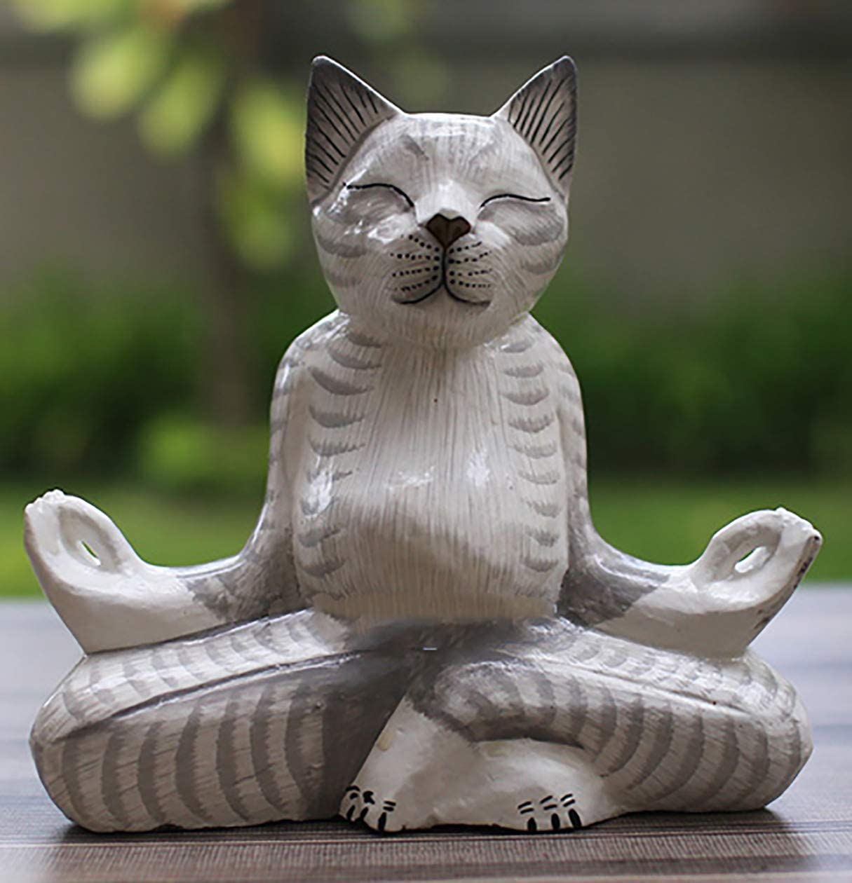 OMA Meditation Cat Statue Wood Carved Hand Painted Praying Yoga Kitty Kitten - Large Size