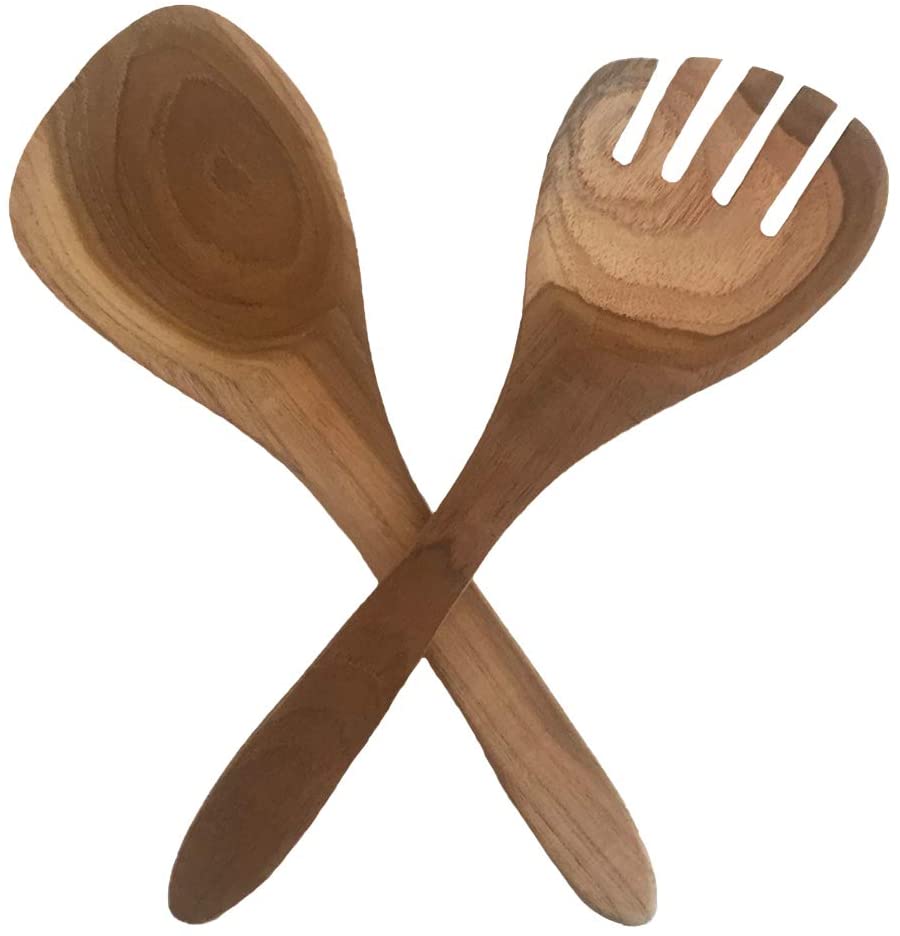 OMA Wooden Fork And Spoon Salad Serving Set Food Safe Hand Crafted Teak Wood