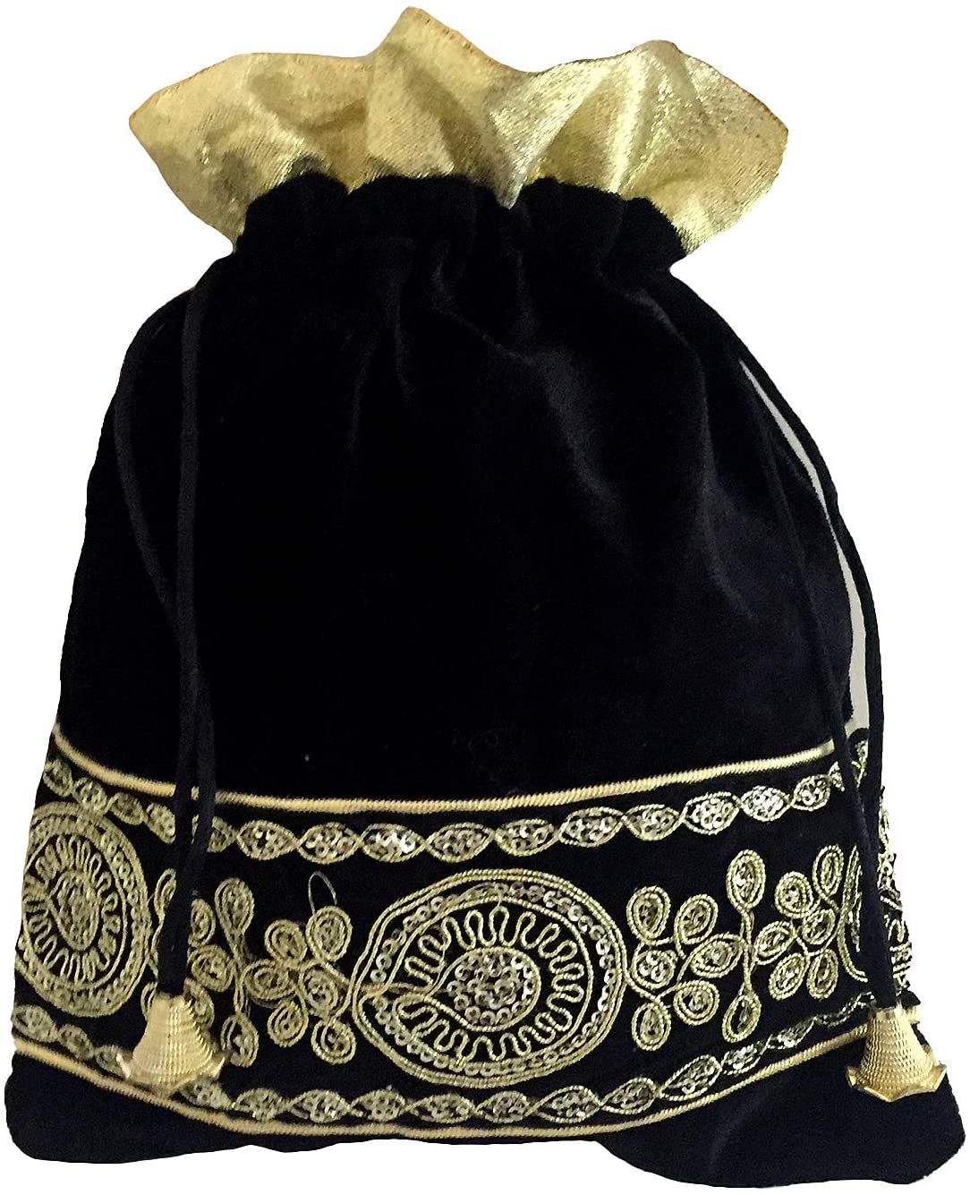 Large Velvet Gold Embroidered Sequins Gift Bag Soft Drawstring Pouch Jewelry Candy Tarot Gift Bag Wedding Favor Bags (Black)