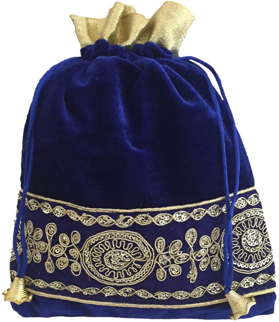 Large Velvet Gold Embroidered Sequins Gift Bag Soft Drawstring Pouch Jewelry Candy Tarot Gift Bag Wedding Favor Bags (Blue)