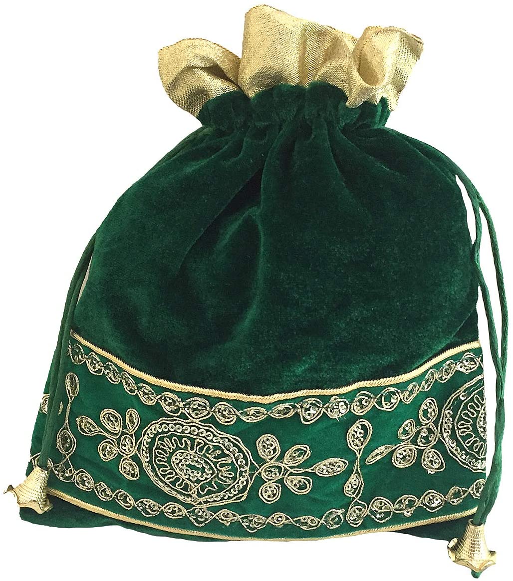 Large Velvet Gold Embroidered Sequins Gift Bag Soft Drawstring Pouch Jewelry Candy Tarot Gift Bag Wedding Favor Bags (Green)
