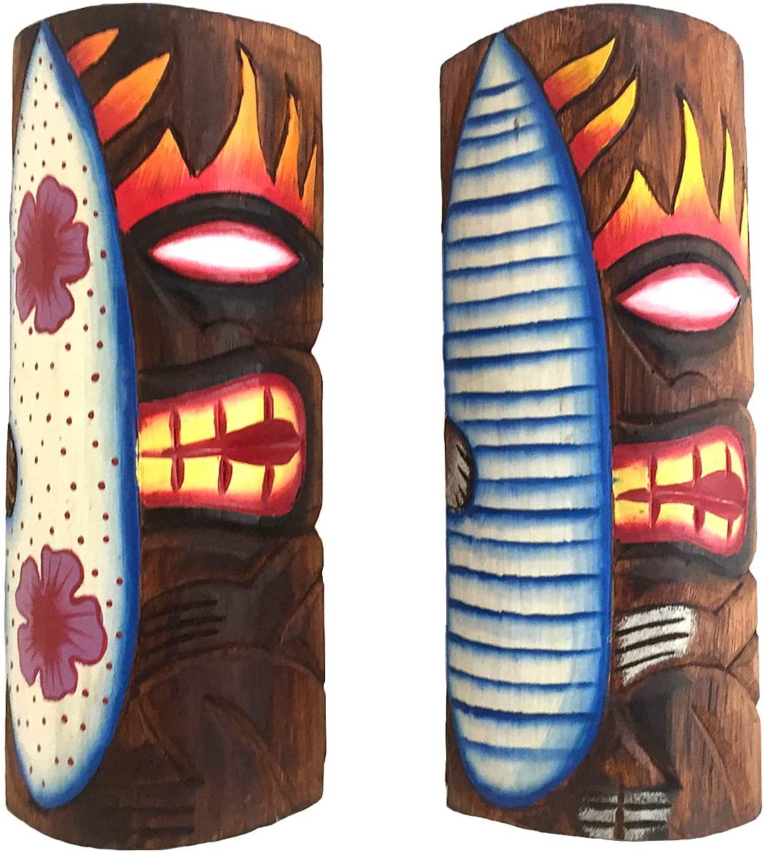 OMA Set of (2) Wood Carved Tiki Masks Tropical Hawaiian Beach Surf Decor - Size 12 (Set of 2)"