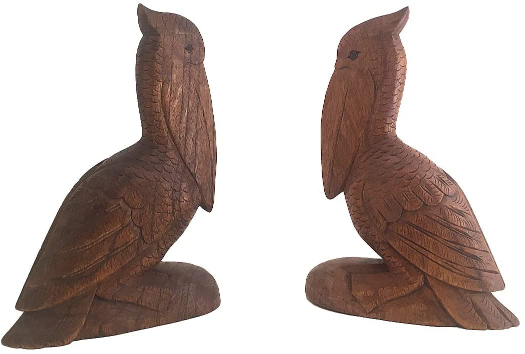 OMA Solid Wood Pelican Statue with Detailed Carving Nautical Bird Pelican Decor (Pair)