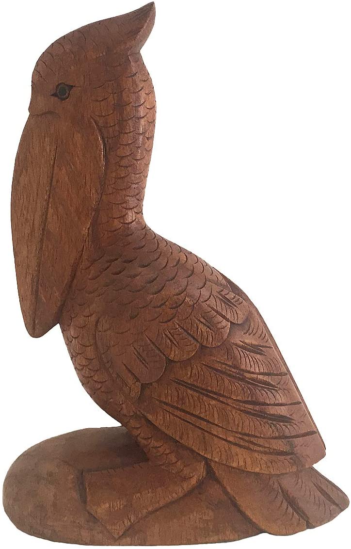 OMA Solid Wood Pelican Statue with Detailed Carving Nautical Bird Pelican Decor (Single)