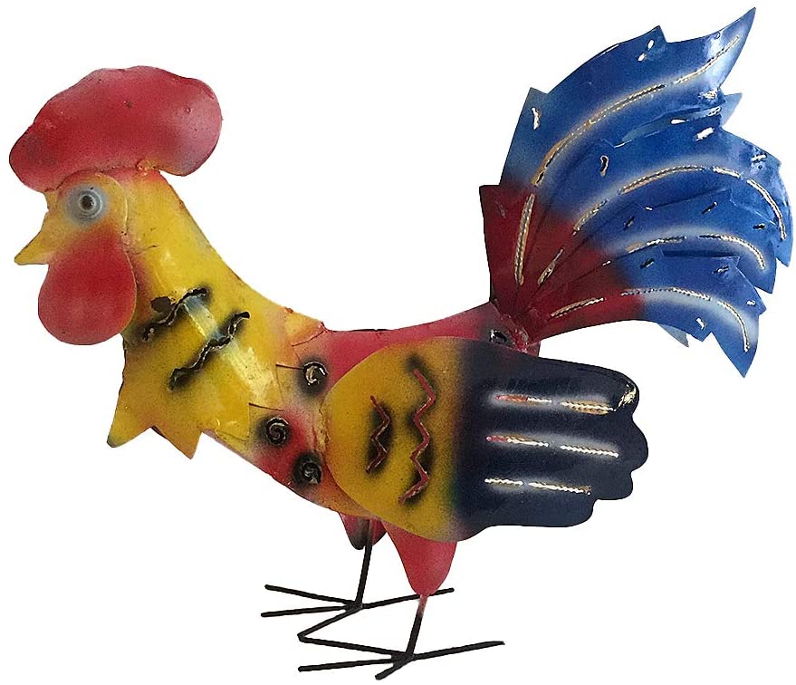 OMA Metal Rooster Statue Kitchen Home Decor Multi Color Rooster Candle Votive Holder Hand Crafted (Blue)