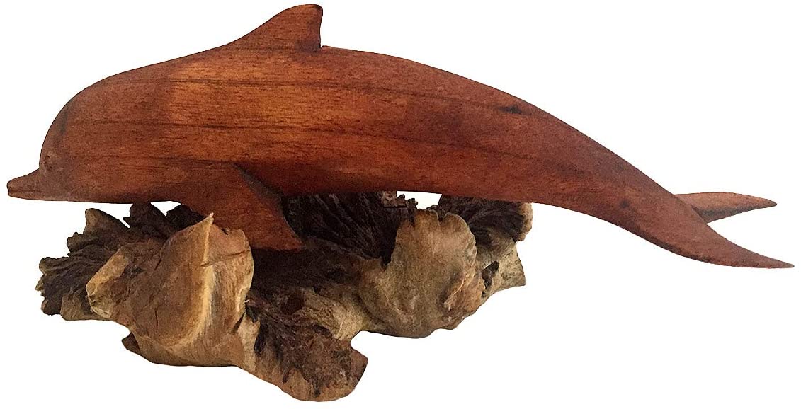 OMA Dolphin Statue Mahogany Wood Bottlenose Home Decor Figurine Nautical Ocean Sea Decor