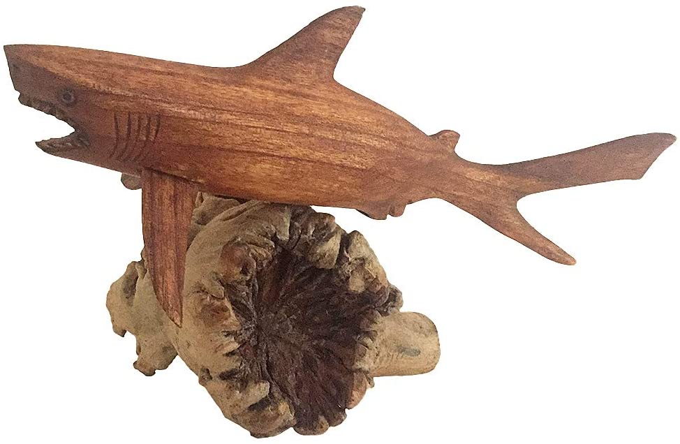 OMA Shark Statue Mahogany Wood Great White Mako Shark Home Decor Figurine Nautical Ocean Sea Decor