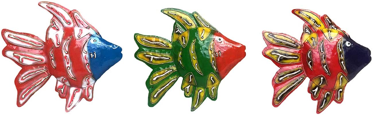 OMA Set of Three Metal Fish Wall Hanging Art Nautical Tropical Indoor Outdoor Home Garden Fish Wall Decor Large Size