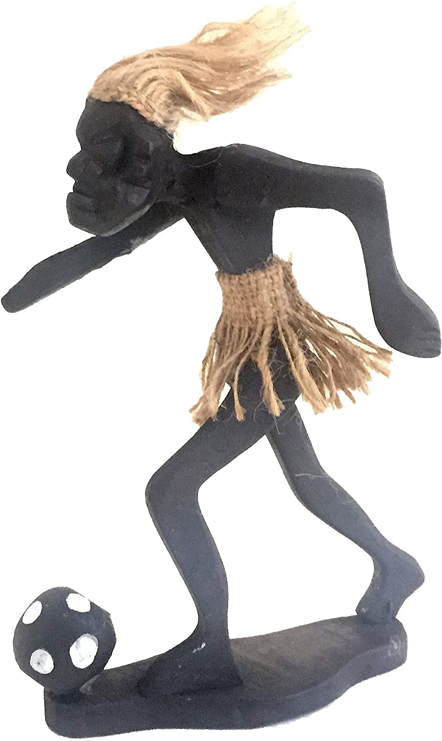 OMA Wood Carved Primitive Tribal Statue Playing Ball Soccer Sports Tiki Tribal Sculpture